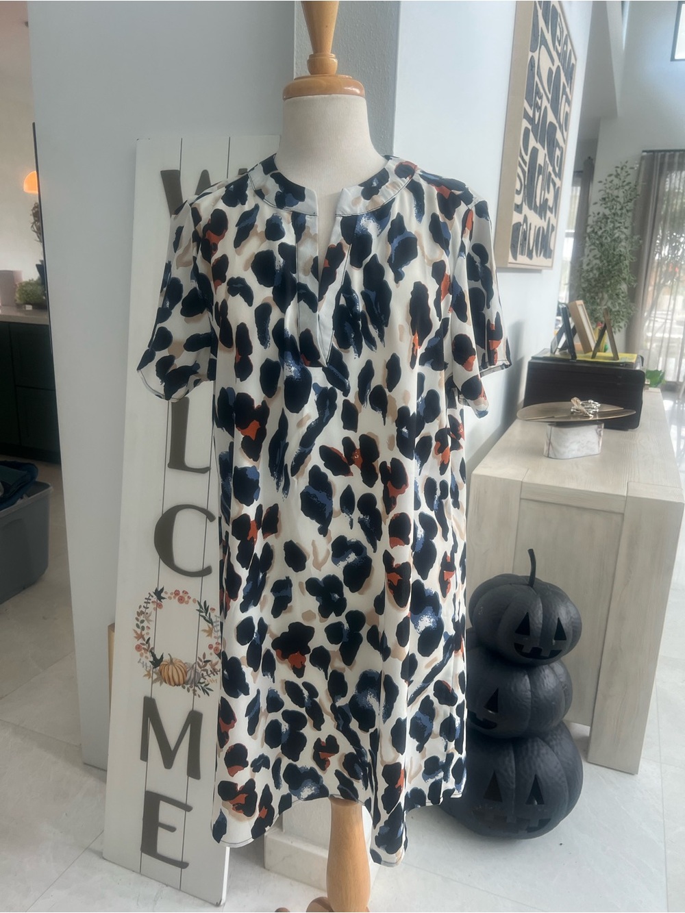 SHEIN White Animal Spot Midi Dress with Navy & Rust Accents